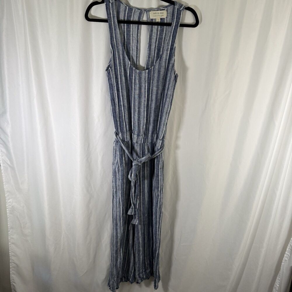 Cloth and Stone Linen Blend Romper Women's Small Blue Striped Open Back Tie